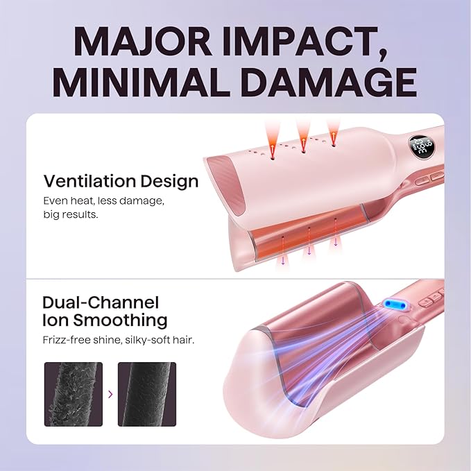 Wavytalk Power Wave Hair Crimper, Curling Iron Hair Crimper Waver, Ventilation Design for Less Damage, Ionic Reduces Frizz, Effortless-Curler, Dual Voltage Crimping Iron, Pink