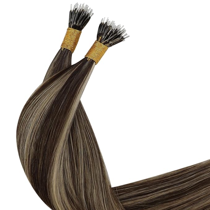 YoungSee Invisible Nano Rings Hair Extensions Dark Brown with Caramel Blonde Pre Bonded Nano Human Hair Extensions Highlight Brown Human Hair Nano Extension Silky Straight 16inch 50grams 50strands