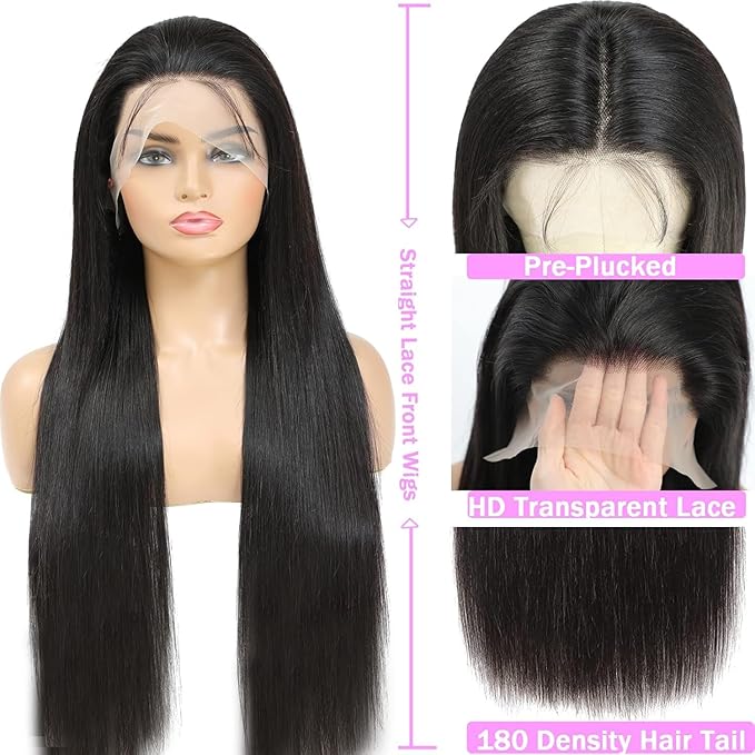 20 Inch Straight Lace Front Wigs Human Hair 13x6 Lace Frontal Wigs for Women 180 Density HD Glueless Lace Front Wigs Pre Plucked with Baby Hair Natural Black Color