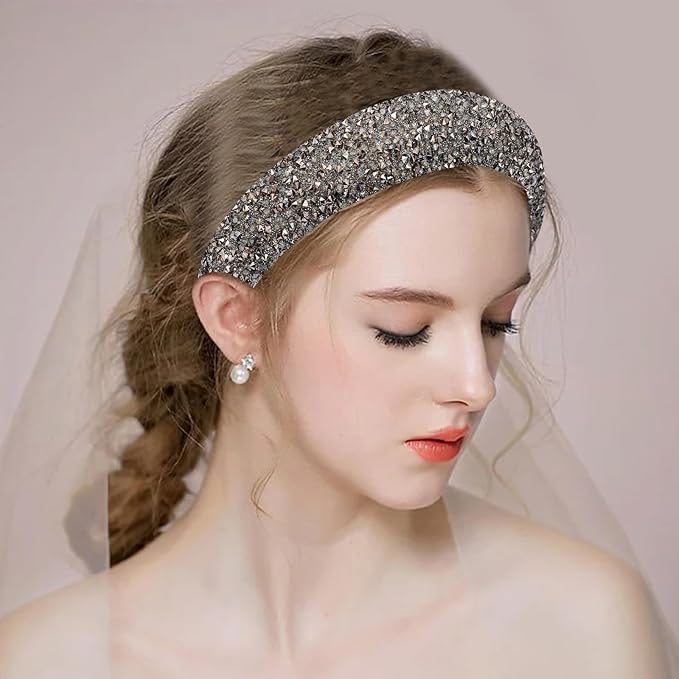 2PCS Sparkle Wide Headband for Women Rhinestone Padded Headband Black Sliver Glitter Hairbands Comfort High Elastic Head Band Bling Hair Accessories for Womens Girls Hair