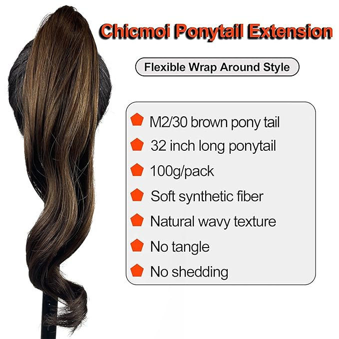 Chicmoi Brown Ponytail Extainson 32 Inch Flexible Wrap Around Ponytail Hair Extension Long Wavy Pony Tails hair Extension Synthetic Hairpieces For Women and Girls