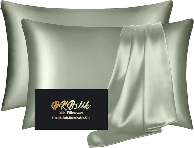 Silk Pillowcase 2 Pack, Natural Mulberry Silk Pillow Case, Anti Acne Silk Pillowcase for Hair and Skin, King Size Silk Satin Pillowcase Set of 2 with Hidden Zipper, Gifts for Women Men, Sage Green