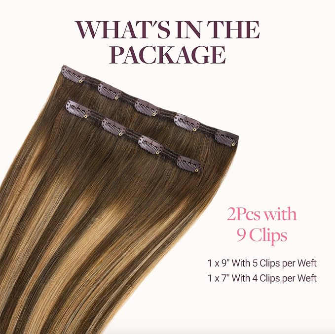 GOO GOO Clip in Hair Extensions Real Human Hair, Remy Human Hair Extensions Clip ins for Women, Natural Human Hair, 18inch 70g 2Pcs, #4/27/4 Balayage Chocolate Brown to Caramel Blonde