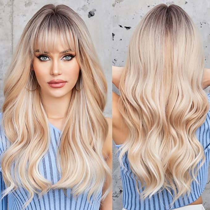 EMMOR Long Blonde Mixed White Wave Wig with Bangs Dark Roots Curly Wig for Women Synthetic Wig Natural Looking Heat Resistant Fiber Wigs