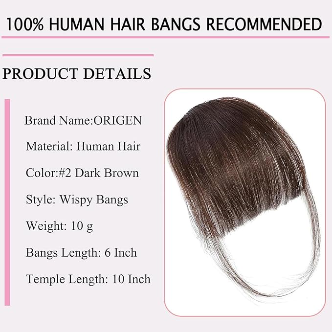 ORIGEN Clip in Bangs Real Human Hair Clip on Wispy Bangs Fringe with Temples Hairpieces Fake Front Bangs Extensions for Women Dark Brown Color