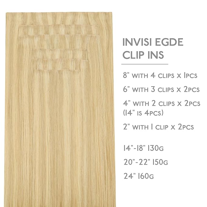 WENNALIFE Invisi Edge Clip in Hair Extensions Real Human Hair, 14 Inch 130g 9pcs Light Blonde Highlighted Golden Blonde Seamless Clip in Extensions Remy Hair Clip Ins Invisible PU Skin Weft Straight