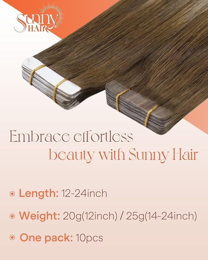 Sunny Hair Tape in Hair Extensions Real Human Hair Invisible Remy Hair Extensions Tape ins for Women Medium Brown Ombre PLatinum Blonde Balayage 22 inch 25G