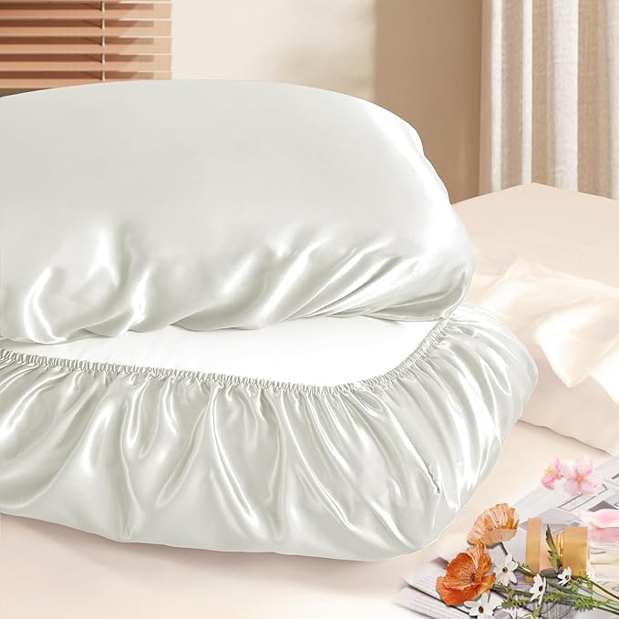 Manyshofu Satin Pillowcases for Hair Protection - 2Pcs White Pillow Cases, Elastic Band Standard & Queen Satin Pillowcases Luxury Silky Pillow Cases Travel Pillow Covers
