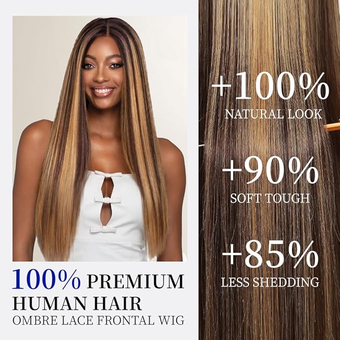Highlight Ombre 13x6 Lace Front Wigs Human Hair Straight HD Lace Frontal Wigs Pre Plucked Tangle-Free 200 Density 4/27 Colored Real Virgin Human Hair Wig Invisilbe Hairline Tiny Knots 24 Inch