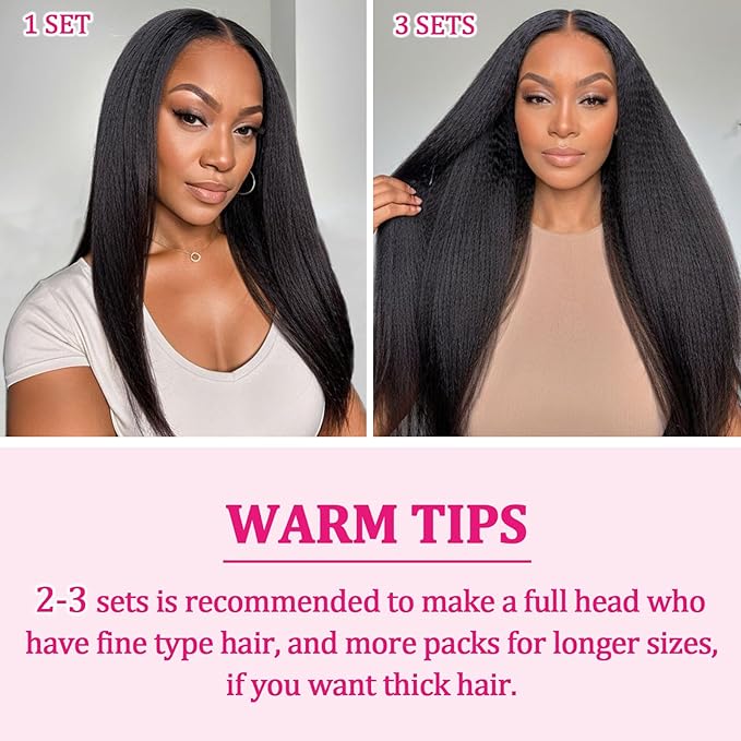 Kinky Straight Clip in Human Hair Extensions for Black Women 8Pcs 120g Seamless Kinky Straight Clip Ins 18Clips Double Weft Human Hair Full Head Hair Extensions (1B 22 Inch)