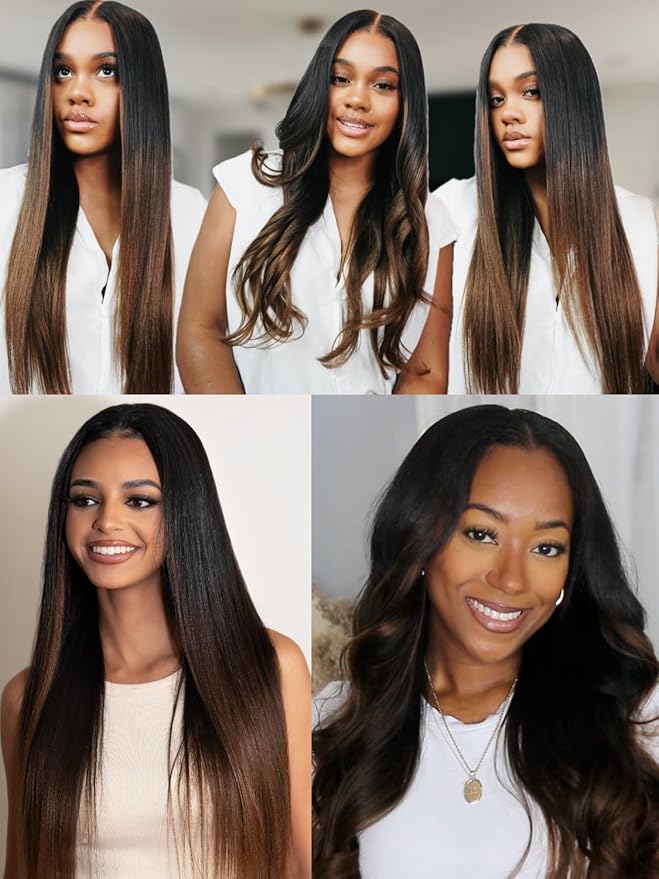 Julia Hair Chestnut Brown Ombre Yaki Straight 7x5 Pre Cut HD Lace Put On and Go Wig Bye Bye Knots Glueless Human Hair Wigs with Invisi Drawstring Pre Plucked Bleached Knots Beginner Friendly 24 Inch