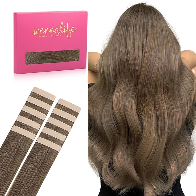 WENNALIFE Tape in Hair Extensions Human Hair Light Ash Brown Tape in Extensions, 10pcs 25g 18 inch Remy Invisible Tape Ins Straight Colored Soft Real Human Hair Tape in Extensions Refill Set