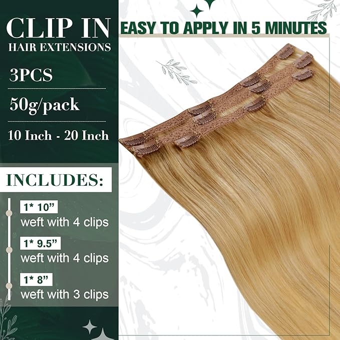 RUNATURE Blonde Clip in Hair Extensions, Real Hair Extensions Clip Ins, Remy Human Hair Clip in Extensions 18 Inch, Full Head Tangle Free Hair, 50g 3pcs #16P24 Golden Blonde Highlights
