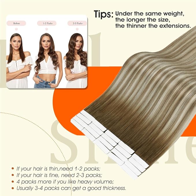 Full Shine Tape Hair Extensions Real Human Hair Color 3 Dark Brown Ombre 8 Ash Brown And 22 Balayage Remy Tape in Human Hair 16Inch 40G Protect Natural Extension 20Pcs Add Volume