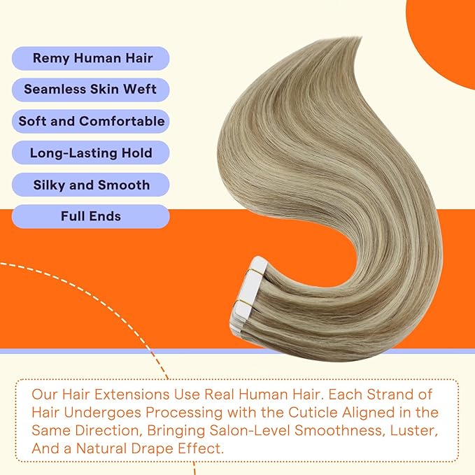 Full Shine Hair Extensions Real Human Hair Tape in Color 16/22 Golden Blonde and Honey Blonde 24 Inch Invisible Ouble Sided Tape in Hair Extensions 40PCS Straight Soft and Silky 100 Grams Add Volume
