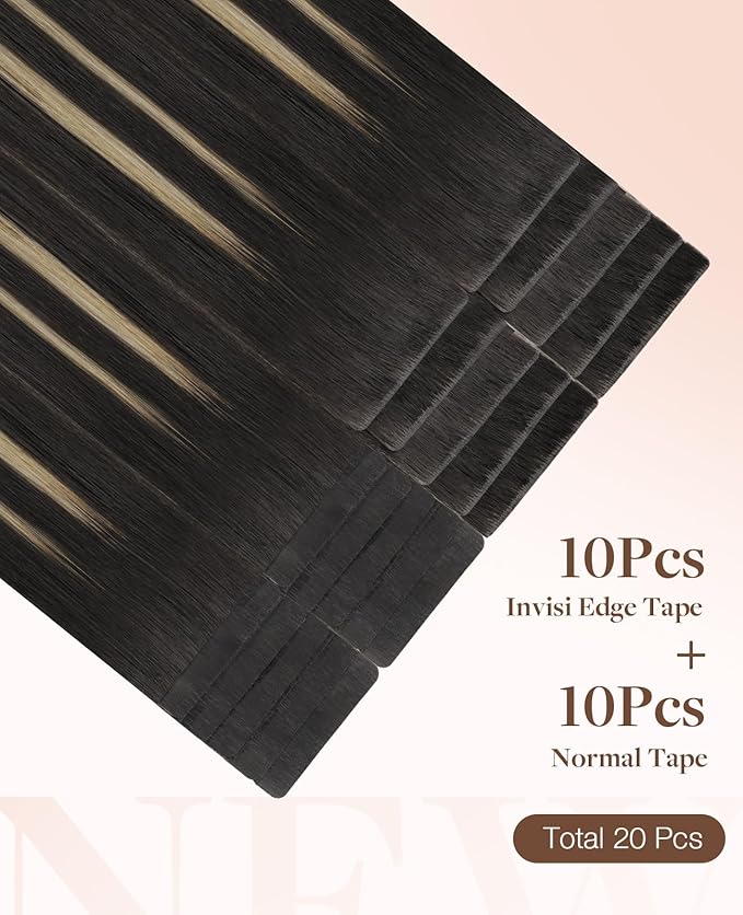 GOO GOO Invisi Edge Tape in Hair Extensions Human Hair, 1B/19/1B Natural Black to Light Blonde 10pcs injected with 10pcs classical tape ins, 14inch 50g, Virgin Remy Hair, Natural Look