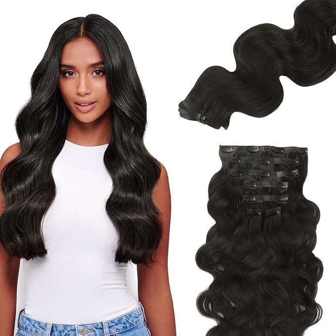 Lashey Clip in Hair Extensions Real Human Hair 110g Body Wave 7pcs Seamless Clip in Hair Extensions, 18 Inch #1B Natural Black 100% Real Soft Human Hair for Black Women