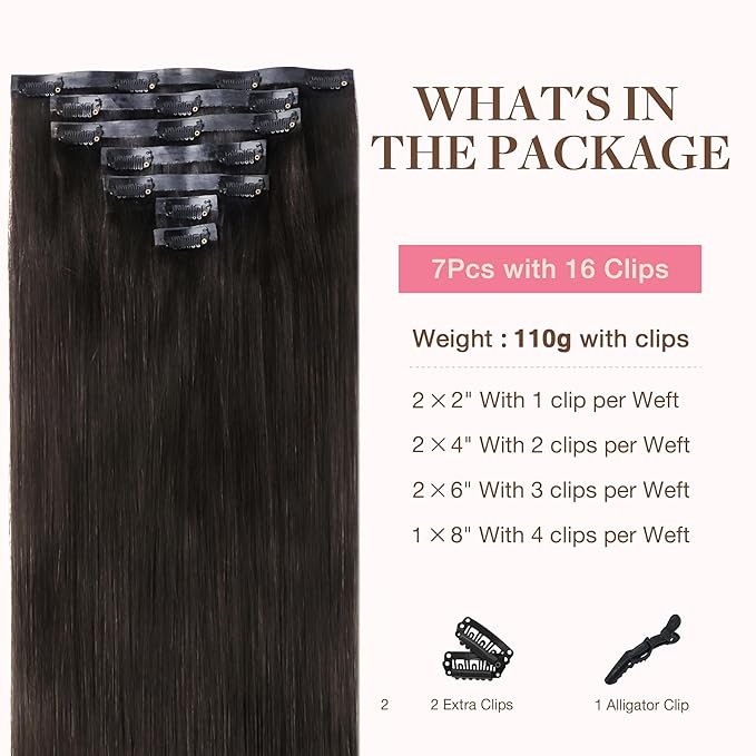 GOO GOO Clip in Hair Extensions Real Human Hair, Remy Human Hair Extensions Clip ins for Women, Natural Human Hair, 24inch 120g 7Pcs, 2 Dark Brown