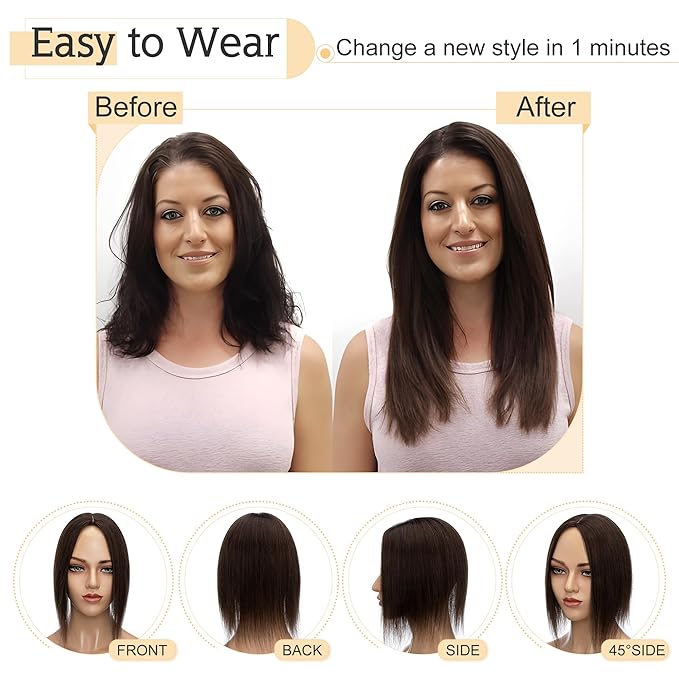 SEGO Human Hair Toppers for Women With Thinning Hair, 7 * 13CM Silk Base 100% Real Human Hair Clip in Top Wiglet Hairpieces//18 Inch No Bangs Dark Brown