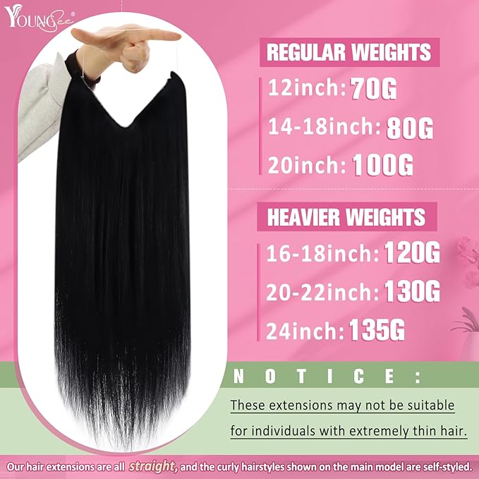 YoungSee Invisible Wire Hair Extensions Jet Black Human Hair Wire Extensions Black Fish Line Hair Extension Real Human Hair Easy to Wear 18inch 80g