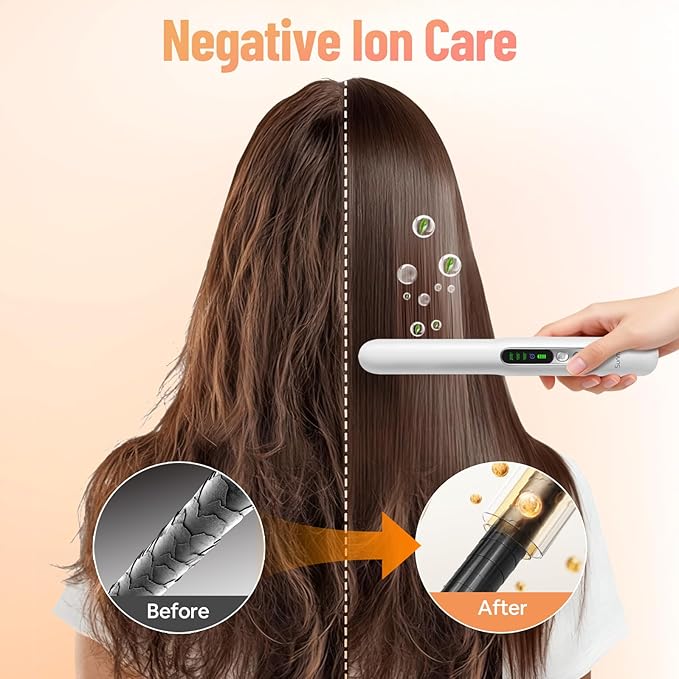 Cordless Hair Straightener, SUNMAY 2-in-1 Titanium Flat Iron Curler with Negative Ion, Dual NTC Temperature Control, 20s Fast Heat-Up, 3 Heat Settings, USB Rechargeable Portable Travel Straightener