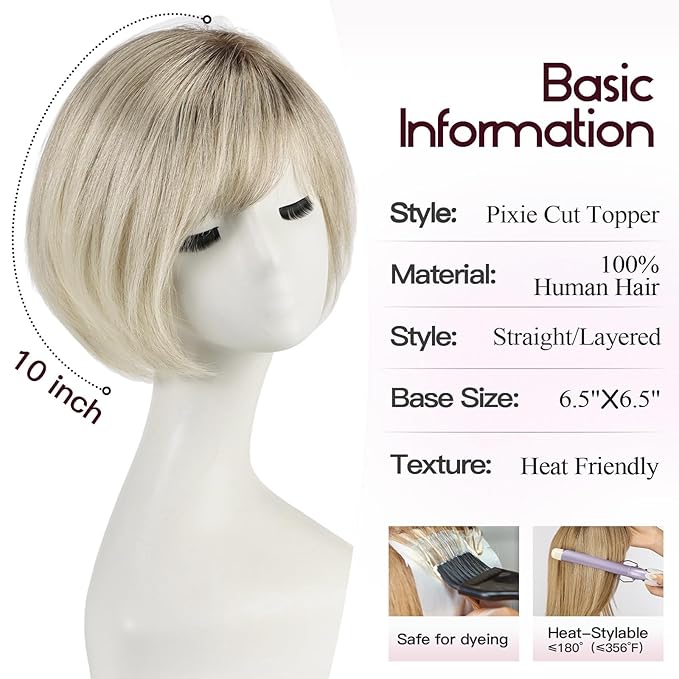 EMMOR Human Hair Toppers for Women Short Bob Real Hair with Bangs 10" Side Part Hairpieces for Women with Thin Hair 6.5" × 6.5" Larger Base Human Wig Toppers(Ombre Gray Blonde)