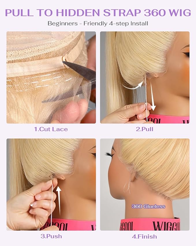 Hidden Strap Straight 360 613 Lace Front Wigs Human Hair Invisible Strap Pre Plucked 180% Density SALON-Quality Blonde Wig with Drawstring Glueless Wigs HD Full Lace Human Hair Wigs 30inch
