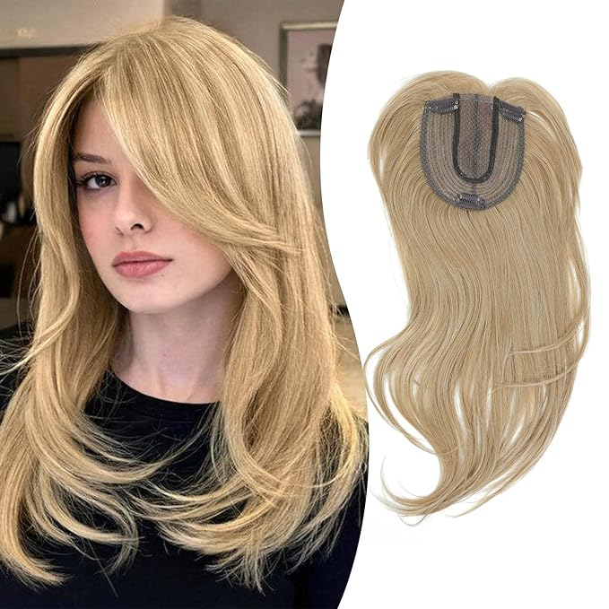 UDU Hair Toppers for Women for Thinning Hair Dark Blonde Highlights Synthetic Fiber Topper Pieces for Women Ladies Muti-layer Long Straight Wavy Clip in Wiglets with Fringe bangs