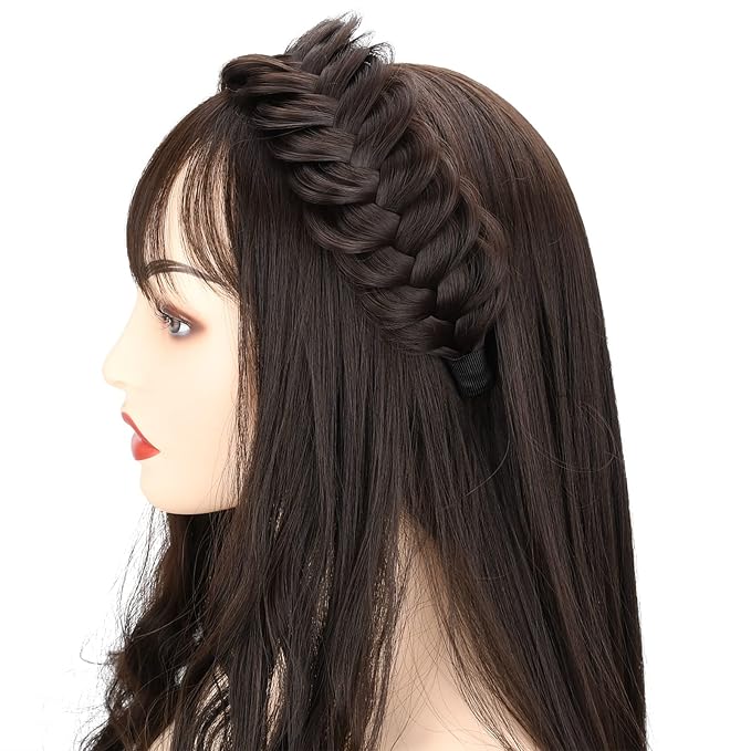 DIGUAN Wide Messy Braided Headband With Teeth Synthetic Hair Plaited Headband High Elasticity Braids Chunky Fishtail Braided Hair Band Hairpiece for Girls Wome (Light Highlighted)