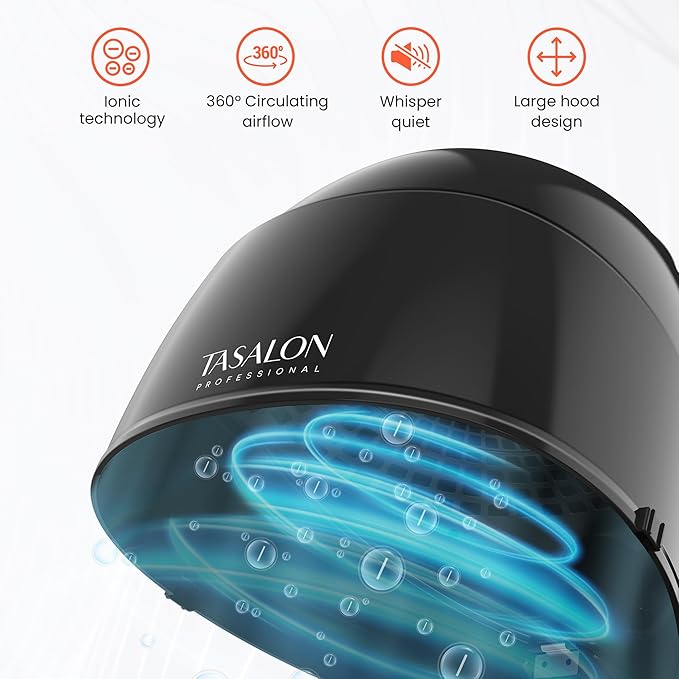 TASALON Portable Hooded Hair Dryer Bonnet, 1875W Height Adjustable Salon Home Hair Dryer with Hood, 3 Heating Settings - Black