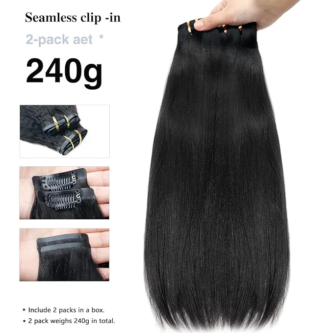 Yaki Straight Clip in Hair Extensions Real Human Hair 2 Pack 240g Seamless for Women Full Max with 16Pcs Remy Human Hair Extensions PU Skin Weft 20inch Natural Black