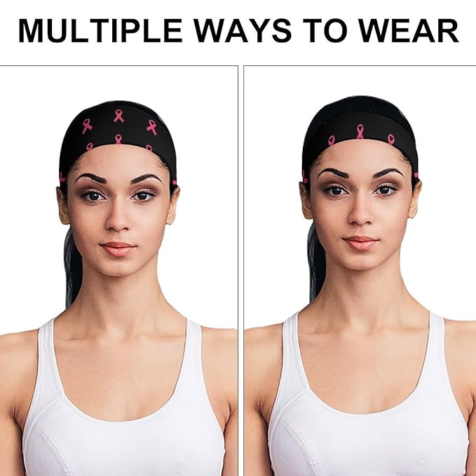 Headband Non Slip Sports Sweatband for Men & Women (Neon Pink Ribbon Breast Cancer Awareness)