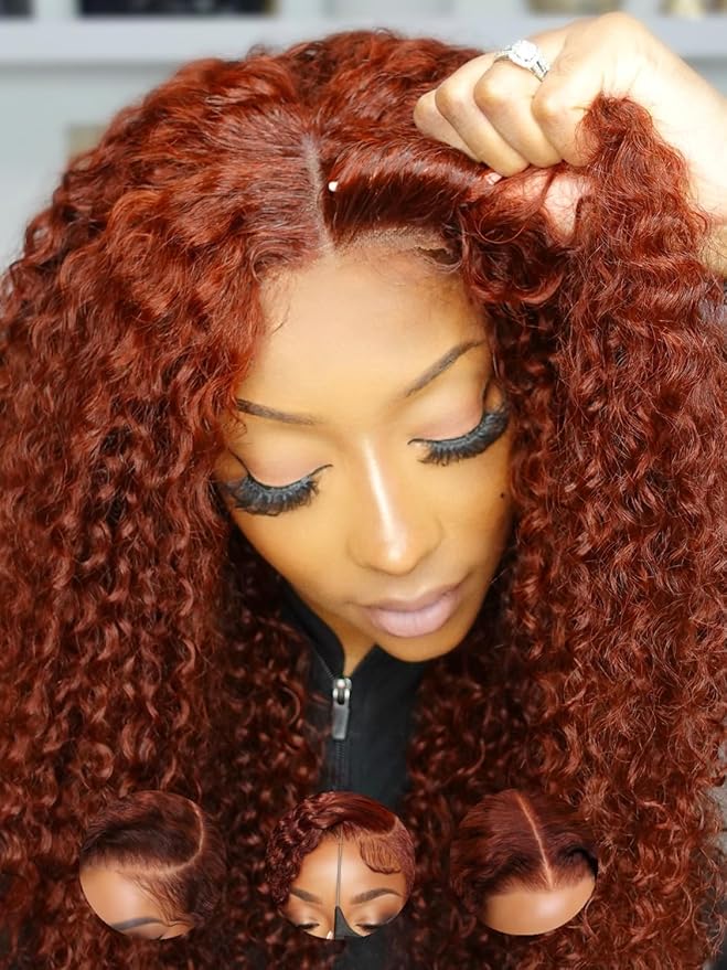 Julia Hair Reddish Brown Glueless Jerry Curly Human Hair Invisi-Drawstring Wig Auburn Pre Cut 7x5 Lace Front Wigs Pre Plucked Bleached Pre Cut Lace Closure Natural Hairline Put On and Go 24 Inch