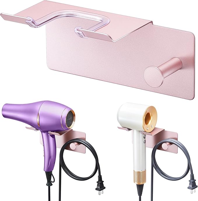 Hair Dryer Holder Wall Mounted, Blow Dryer Holder Adhesive, Metal Hairdryer Holder for Bathroom, Hair Tool Organizer with Plug&Cord for Cabinet Bathroom Bedroom Barber Shops