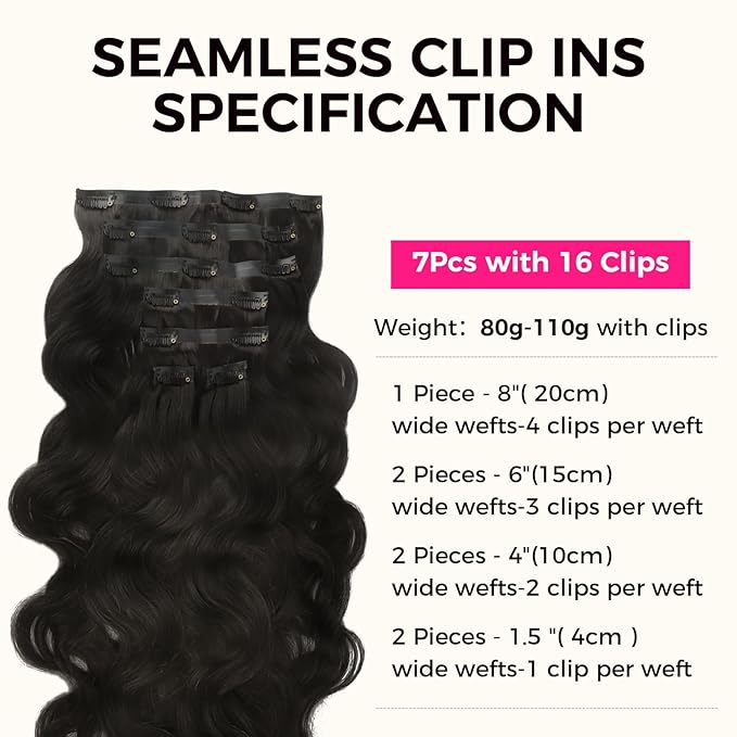 Lashey Seamless Clip in Hair Extensions Remy Human Hair Extensions, 7pcs 110g 20 Inch Body Wave Natural Black Thick Clip in Hair Extensions with Invisi Edge for Black Women