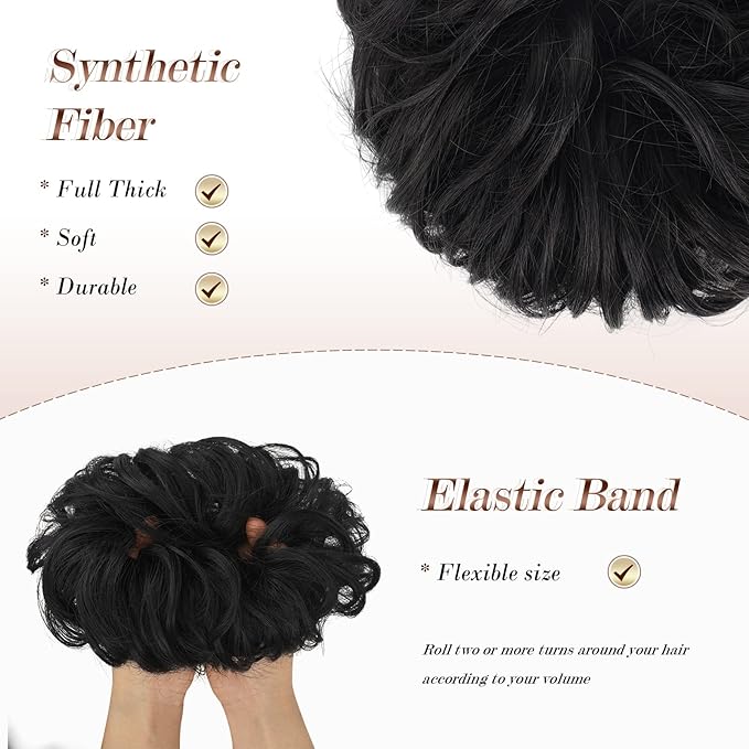 FESHFEN Messy Bun Hair Piece - Elastic Wavy Curly Hair Bun Scrunchies Extensions Synthetic Chignon Hairpieces for Women Girls, Natural Black 1.5 oz