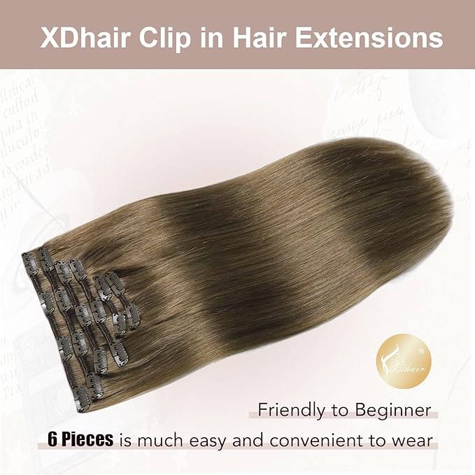 XDhair Clip in Hair Extensions Human Hair,120g 18 Inch Ash Brown Clip in Remy Hair Extensions Straight for Women 6 Pieces (#8,18Inch)
