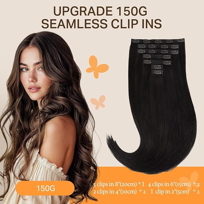 DOORES Clip in Hair Extensions Human Hair, Natural Black 150g 7pcs 20 Inch, Human Hair Extensions Invisible Edge Natural Weft