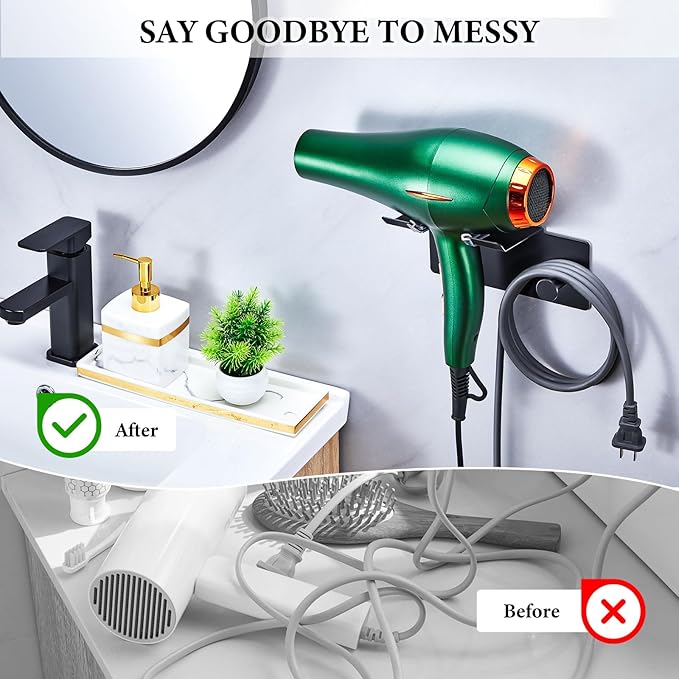 Hair Dryer Holder Wall Mount, Blow Dryer Holder for Wall, Adhesive Hairdryer Holders, Stainless Steel Blowdryer Holders Bathroom Hair Tool Organizer Hair Dryer Hanger Hook with Cord Storage (Black)