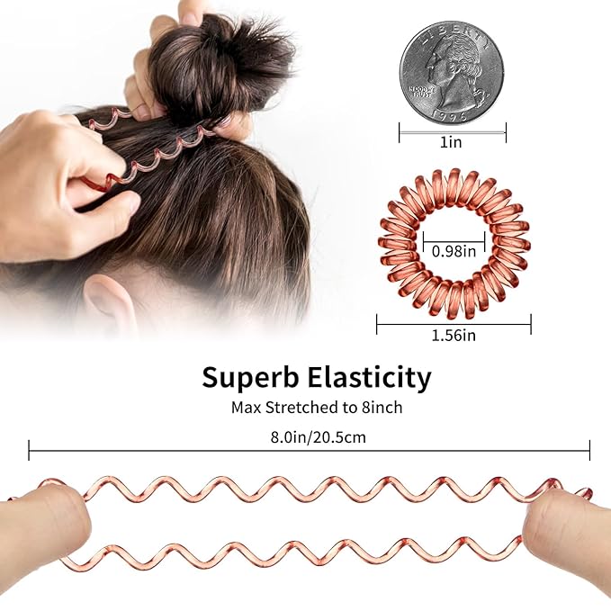 16Pcs Spiral Hair Ties, (Clear Brown&Red) Hair Elastic Coils for Women and Girls, Waterproof Phone Cord Hair Scrunchies Accessories Bands for Ponytails and Updos