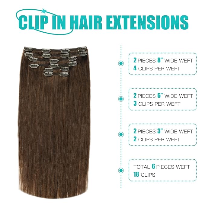 SURNEL Clip in Hair Extensions Chocolate Brown Human Hair Clip in Extensions 20 Inch 120g 6pcs(#4,20'')