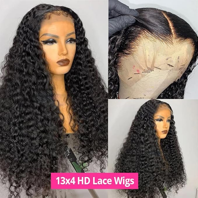 bangjazz Deep Wave Lace Front Wigs Human Hair 180% Density Curly Lace Front Wig Human Hair Wet and Wavy Wig 13x4 HD Lace Frontal Wigs 16 Inch Glueless Curly Wigs for Women Pre Plucked