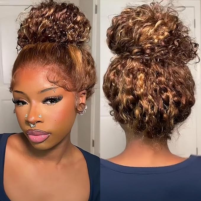 Hidden Strap 360 Water Wave 220% Density Honey Blonde Deep Curly Human Hair wig Ombre Deep Wave 4/27 Highlight Lace Front Wigs Pre Plucked Wet And Wavy Water Wave Wig for Women 20 Inch