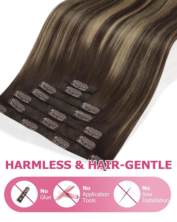 YoungSee 135g Clip in Extensions Real Human Hair Balayage Chocolate Brown Mix Caramel Blonde Invisible Clip in Brown Hair Extensions for Women Clip on Remy Hair Extension Straight 18Inch 7Pcs