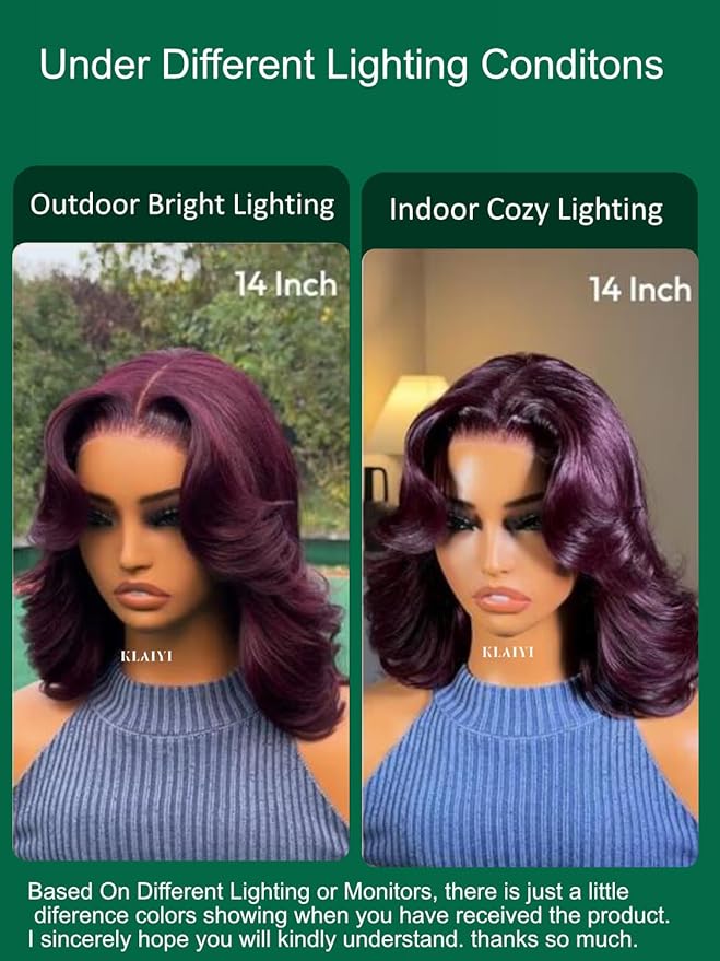 KLAIYI Black Cherry Bob Loose Body Wave Precut 7x5 HD Lace Front Wigs Human Hair Glueless Bye Bye Knots Drawstring Red Burgundy Wig with Curtian Bang Pre Plucked Bleached Ready to Put On And Go 10Inch