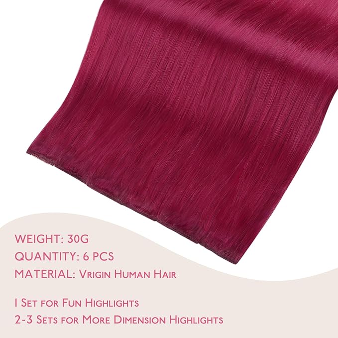 WENNALIFE Burgundy Red Clip in Hair Extensions Real Human Hair 35g 6pcs 16 Inch Colored Hair Extensions for Kids Women Colorful Hair Pieces Pop-up Style Straight Extensiones De Cabello Humano Con Clip