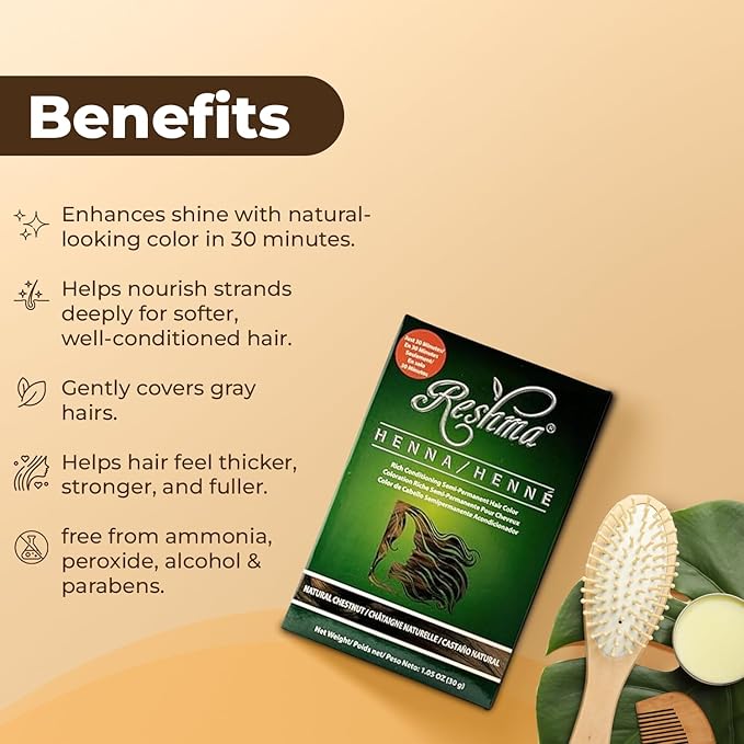 Reshma Beauty 30 Minute Henna Hair Color Infused with Organic Henna Lawsonia Inermis 100% Gray Coverage for Soft, Shiny Hair, Plant-Based Hair Dye—1.05 oz Pack of 1 (Chestnut)