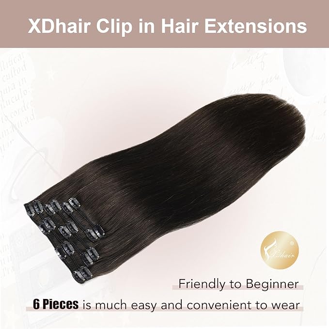XDhair Clip in Hair Extensions Real Human Hair 18 Inch 120g Natural Straight Human Hair Clip in Extensions for Woman, Soft Straight 6pcs Per Set with 18 Clips Double Weft #1B