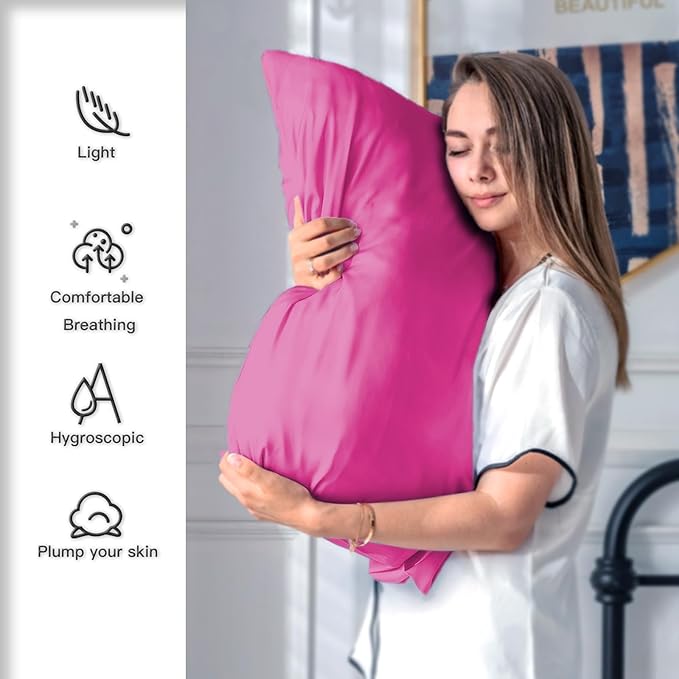 Silk Pillow Cases 2 Pack Soft Breathable and Sliky Standard Size Pillow Cases Set of 2,Natural Mulberry Satin Silk Pillowcase with Hidden Zipper for Hair and Skin (Hot Pink,20"X 26",2pcs)