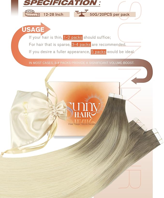 Sunny Hair Tape in Hair Extensions Real Human Hair Invisible Remy Hair Extensions Tape ins for Women Light Brown Root to Platinum Blonde Balayage 22 inch 20Pcs 50G
